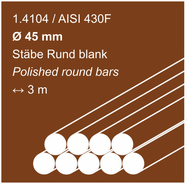 Edelstahlstäbe aus 1.4104 (430F), 45 mm Durchmesser, 3000 mm lang, auf sandfarbigem Hintergrund abgebildet